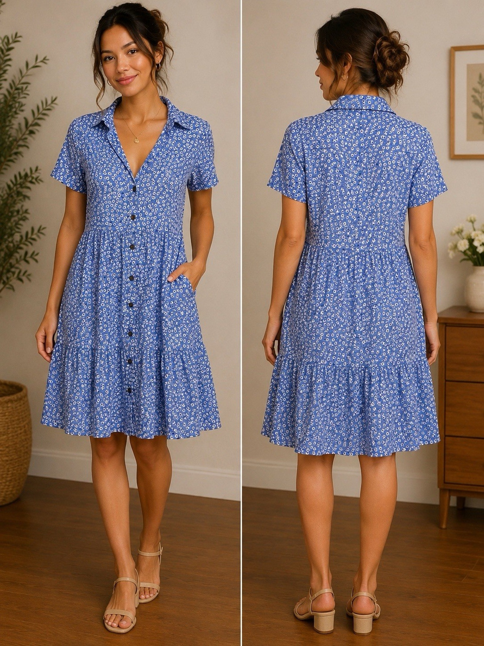 Women’s Blue Floral Button Front Midi Dress Size Small Cottagecore Casual